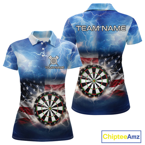 Blue American Flag Thunder Lightning Darts Shirt For Women Custom Darts Jersey Team Polo & 1/4 Zip TDM5270