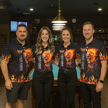 Load image into Gallery viewer, Personalized Orange Flaming Skeleton 8 Ball Billiard Shirt For Women, Pool Team Jersey Polo, 1/4 Zip TDM5781