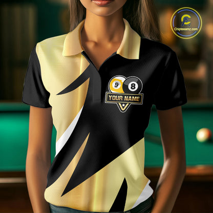 Personalized Billiard 8 Ball & 9 Ball Pool Polo, 1/4 Zip For Women Custom Team Billiard Jersey |Gold TDM6376