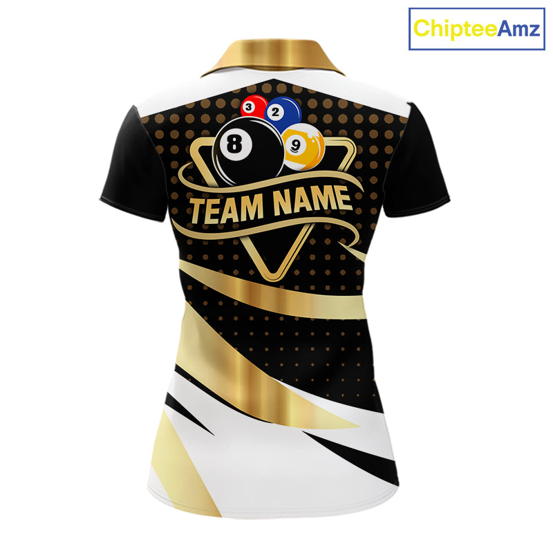Personalized Billiard 8 Ball & 9 Ball Pool Polo, 1/4 Zip For Women Custom Team Billiard Jersey |Gold TDM6376