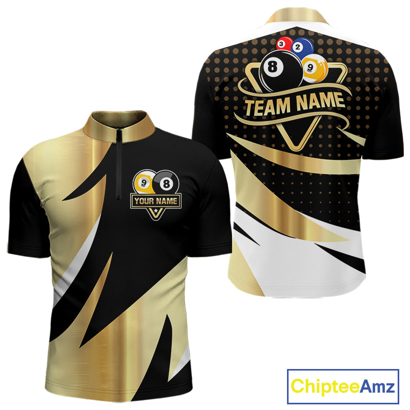 Personalized Billiard 8 Ball & 9 Ball Pool Polo, 1/4 Zip For Men Custom Team Billiard Jersey |Gold TDM6376