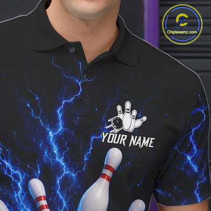 Personalized Blue Thunder Lightning Bowling Jersey For Men, Bowling League Shirts Polo & 1/4 Zip TDM6573