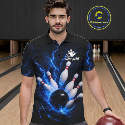Personalized Blue Thunder Lightning Bowling Jersey For Men, Bowling League Shirts Polo & 1/4 Zip TDM6573