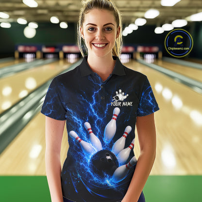 Personalized Blue Thunder Lightning Bowling Jersey For Women, Bowling League Shirts Polo & 1/4 Zip TDM6573