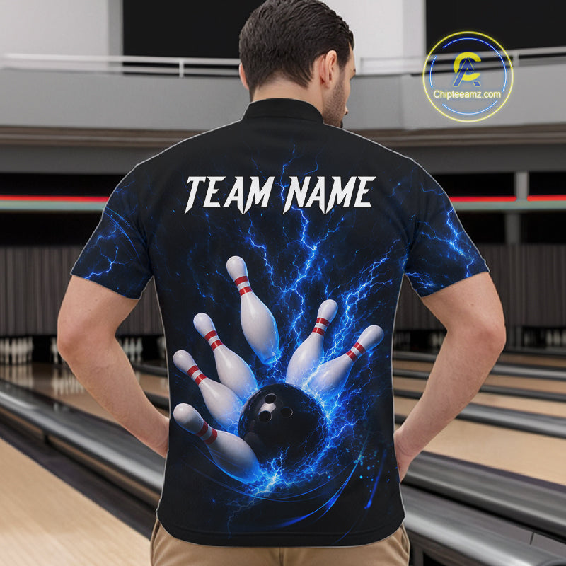 Personalized Blue Thunder Lightning Bowling Jersey For Men, Bowling League Shirts Polo & 1/4 Zip TDM6573