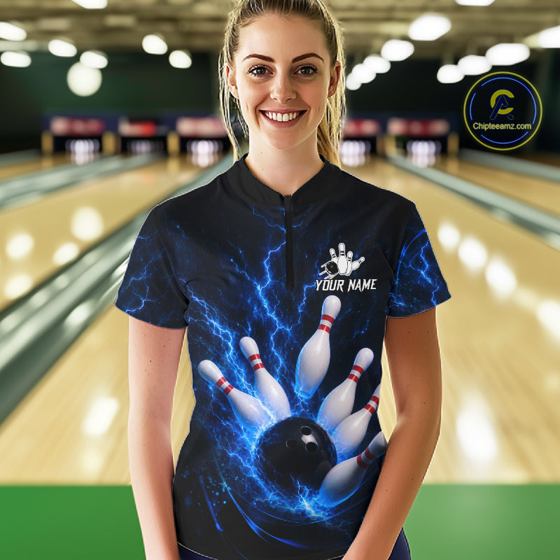 Personalized Blue Thunder Lightning Bowling Jersey For Women, Bowling League Shirts Polo & 1/4 Zip TDM6573