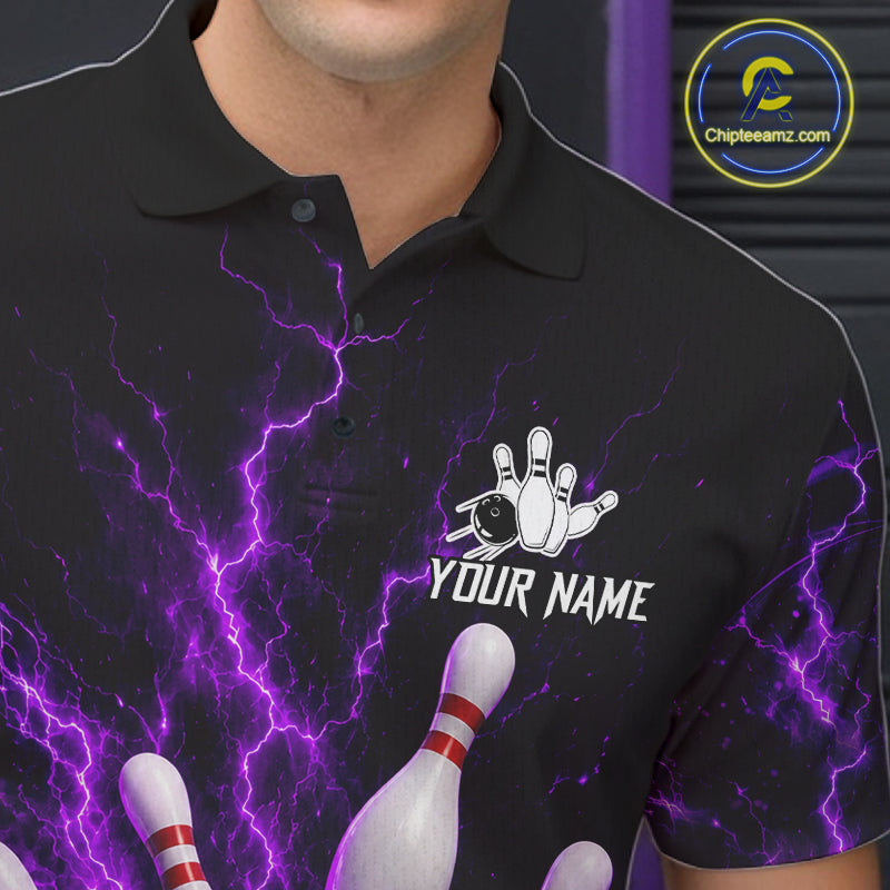 Personalized Purple Thunder Lightning Bowling Jersey For Men, Bowling League Shirts Polo & 1/4 Zip TDM6574