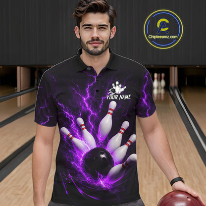 Personalized Purple Thunder Lightning Bowling Jersey For Men, Bowling League Shirts Polo & 1/4 Zip TDM6574