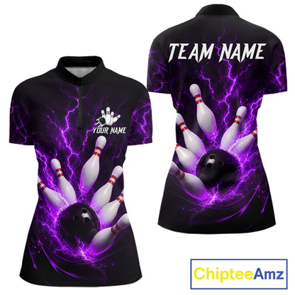 Personalized Purple Thunder Lightning Bowling Jersey For Women, Bowling League Shirts Polo & 1/4 Zip TDM6574