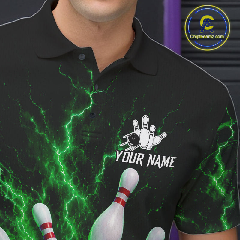 Personalized Green Thunder Lightning Bowling Jersey For Men, Bowling League Shirts Polo & 1/4 Zip TDM6575