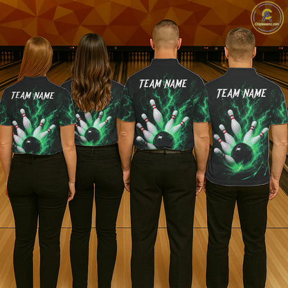 Personalized Green Thunder Lightning Bowling Jersey For Men, Bowling League Shirts Polo & 1/4 Zip TDM6575