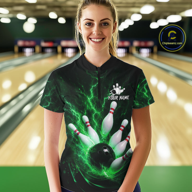 Personalized Green Thunder Lightning Bowling Jersey For Women, Bowling League Shirts Polo & 1/4 Zip TDM6575