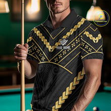 Load image into Gallery viewer, Man wearing a black and gold 8 ball tribal billiard jersey beside a pool table front view.