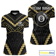 Load image into Gallery viewer, Black and gold 8 ball tribal billiard quarter zip shirt for women designed for league tournaments and team events.
