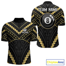 Load image into Gallery viewer, Black and gold 8 ball tribal billiard quarter zip shirt for men designed for league tournaments and team events.