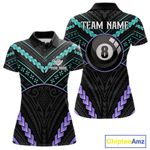 Load image into Gallery viewer, Teal and purple 8 ball tribal billiard polo shirt for women with custom pool team graphics.