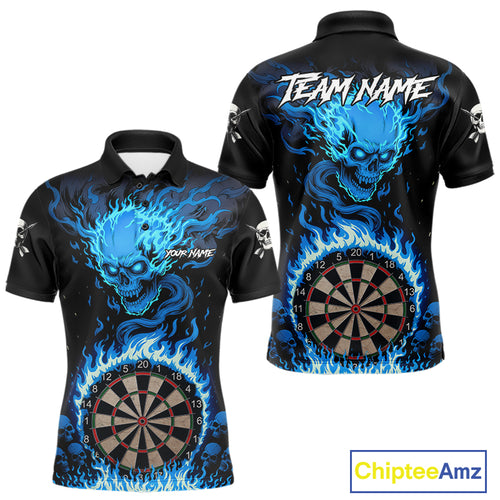 Blue Flaming Skull Darts Shirt For Men Custom Darts Jersey Team Polo & Quarter Zip TDM5054