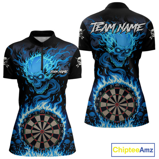 Blue Flaming Skull Darts Shirt For Women Custom Darts Jersey Team Polo & Quarter Zip TDM5054