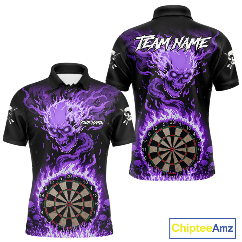 Purple Flaming Skull Darts Shirt For Men Custom Darts Jersey Team Polo & Quarter Zip TDM5056