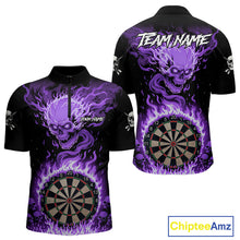 Load image into Gallery viewer, Purple Flaming Skull Darts Shirt For Men Custom Darts Jersey Team Polo &amp; Quarter Zip TDM5056