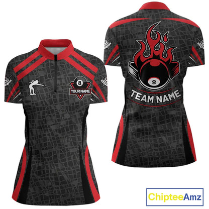 Black And Red 8 Ball Flame Billiard Shirt For Women Custom Pool Team Shirt, Billiard Jersey TDM5790
