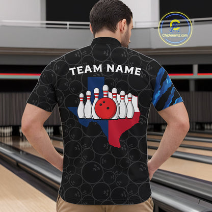 Texas Flag Blue Camo Bowling Shirt For Men Custom Patriotic Bowling Team Jersey Polo & 1/4 Zip TDM6387