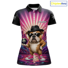 Load image into Gallery viewer, Pink graffiti bulldog 8 ball billiard polo shirt for women with custom pool team graphics.
