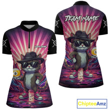 Load image into Gallery viewer, Pink graffiti cat 9 ball billiard quarter zip shirt for women designed for league tournaments and team events.