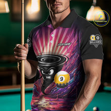 Load image into Gallery viewer, Man wearing a pink graffiti tornado 8 ball and 9 ball billiard jersey beside a pool table front view.