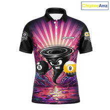 Load image into Gallery viewer, Pink graffiti tornado 8 ball and 9 ball billiard polo shirt for men with custom pool team graphics.