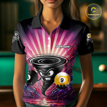 Load image into Gallery viewer, Woman wearing a pink graffiti tornado 8 ball and 9 ball billiard jersey beside a pool table front view.