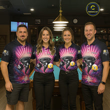 Load image into Gallery viewer, Pool team wearing matching pink graffiti tornado 8 ball and 9 ball billiard jerseys during tournament competition front view.