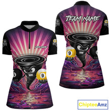 Load image into Gallery viewer, Pink graffiti tornado 8 ball and 9 ball billiard quarter zip shirt for women designed for league tournaments and team events.