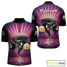 Load image into Gallery viewer, Pink graffiti tornado 8 ball and 9 ball billiard quarter zip shirt for men designed for league tournaments and team events.