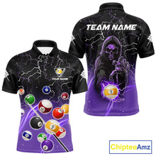 Load image into Gallery viewer, Purple grim reaper lightning 9 ball billiard polo shirt for men with custom pool team graphics.