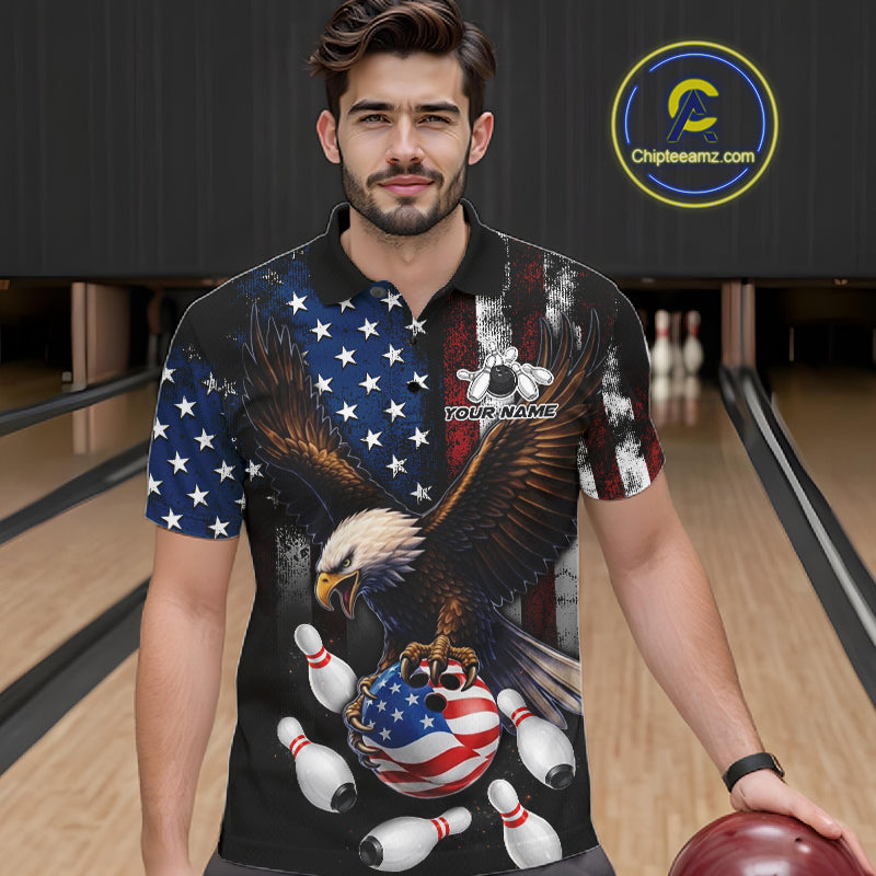 Man wearing personalized American flag eagle bowling team jersey polo shirt featuring eagle American flag artwork, front view.