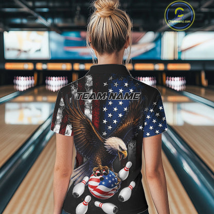 Woman wearing personalized American flag eagle bowling team jersey polo shirt featuring eagle American flag artwork, back view.
