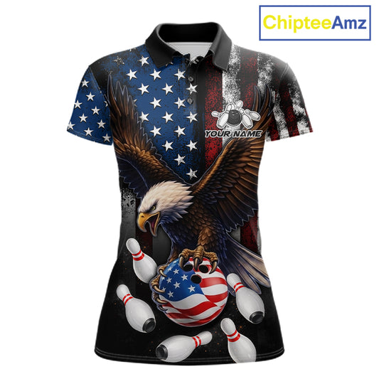 Personalized American flag eagle bowling team jersey polo shirt for women featuring a patriotic eagle and American flag design, premium custom bowling league apparel for tournaments and team play.