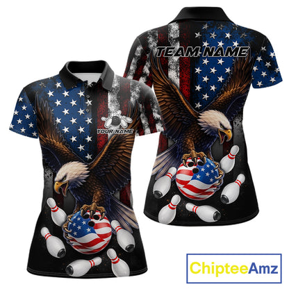 Personalized American flag eagle bowling team jersey polo shirt for women featuring a patriotic eagle and American flag design, premium custom bowling league apparel for tournaments and team play.