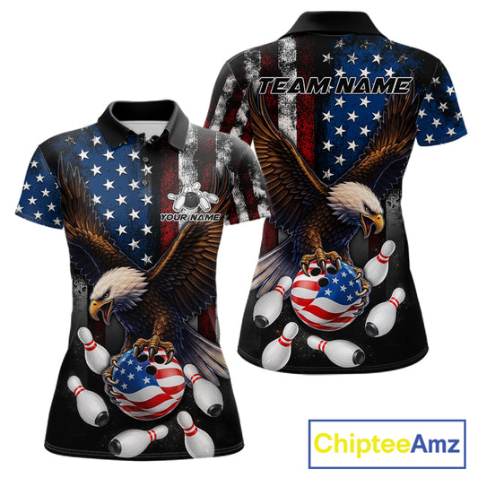 Personalized American flag eagle bowling team jersey polo shirt for women featuring a patriotic eagle and American flag design, premium custom bowling league apparel for tournaments and team play.