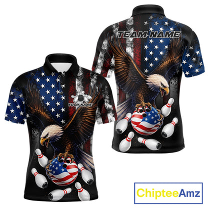Personalized American flag eagle bowling team jersey polo shirt for men featuring a patriotic eagle and American flag design, premium custom bowling league apparel.