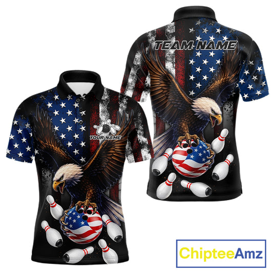 Personalized American flag eagle bowling team jersey polo shirt for men featuring a patriotic eagle and American flag design, premium custom bowling league apparel.