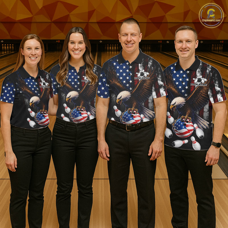 Bowling team wearing matching personalized American flag eagle bowling team jerseys, front view.