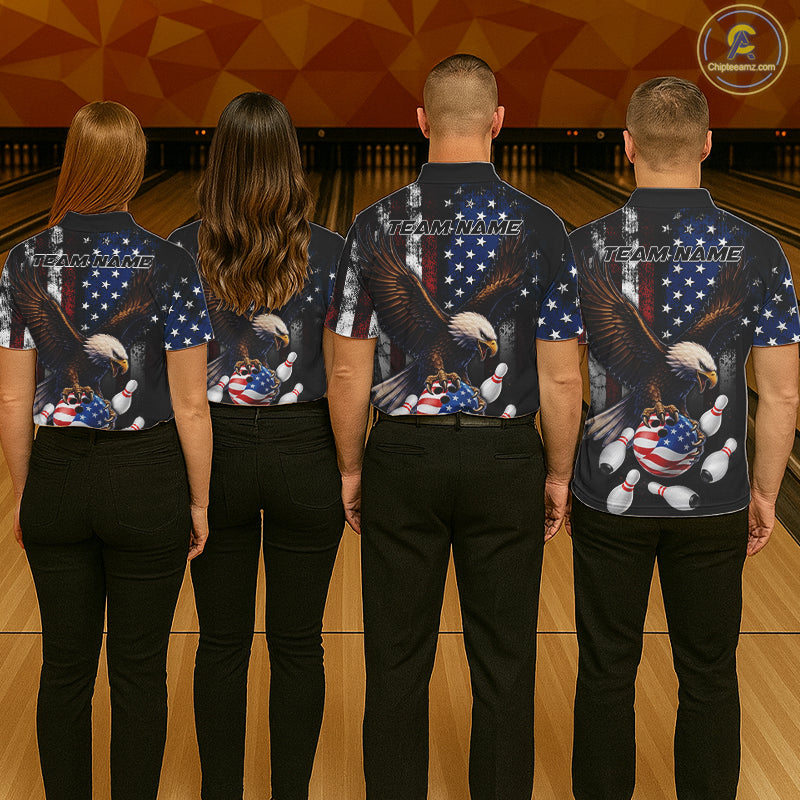 Bowling team wearing matching personalized American flag eagle bowling team jerseys, back view.