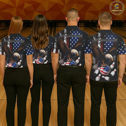 Bowling team wearing matching personalized American flag eagle bowling team jerseys, back view.