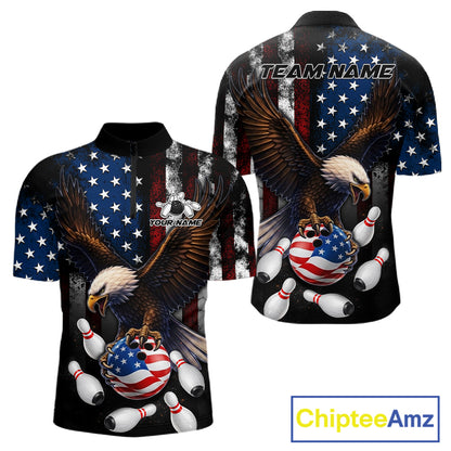 Personalized American flag eagle bowling team jersey quarter zip shirt for men featuring patriotic eagle American flag artwork, premium custom bowling apparel.