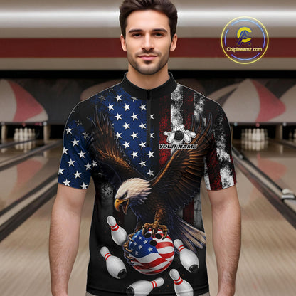Man wearing personalized American flag eagle bowling team jersey quarter zip shirt featuring eagle American flag artwork, front view.