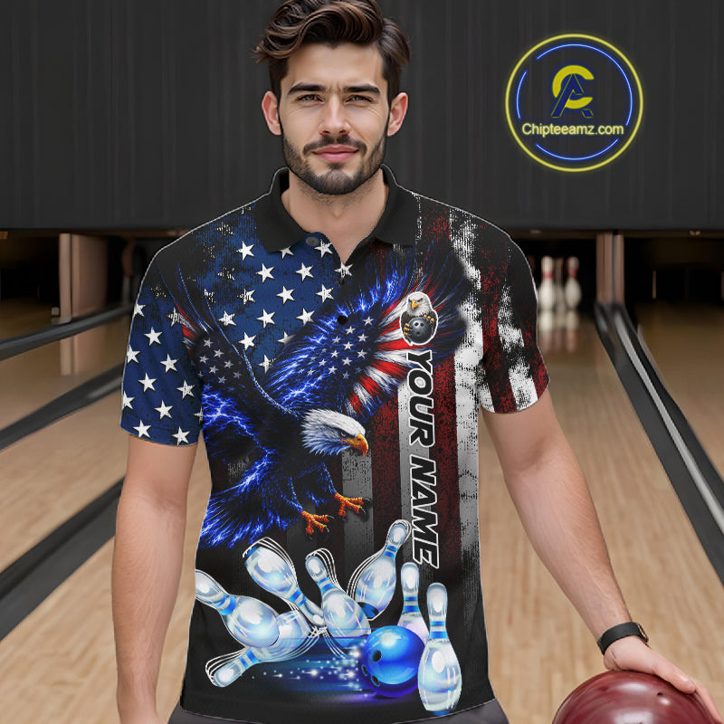 Man wearing custom blue eagle American flag bowling team jersey polo shirt featuring eagle American flag artwork, front view.