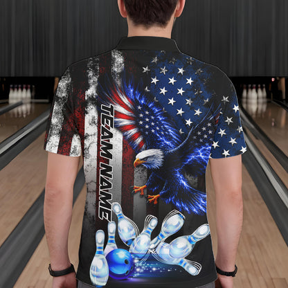 Man wearing custom blue eagle American flag bowling team jersey polo shirt featuring eagle American flag artwork, back view.