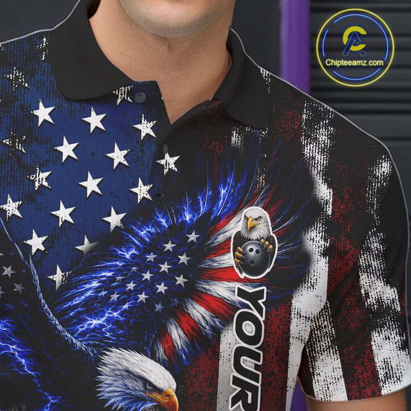 Close-up of custom blue eagle American flag bowling team jersey polo shirt featuring collar, buttons and eagle American flag artwork.